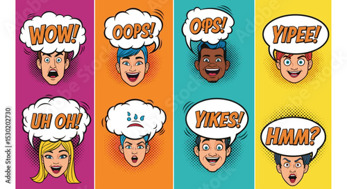 Emotional Faces with Speech Bubbles Expressing Feelings
