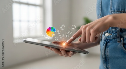 Digital art creation with tablet and stylus for graphic design artist and creative painting project