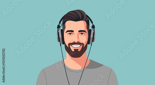 Smiling Man Listening Music with Modern Black Headphones