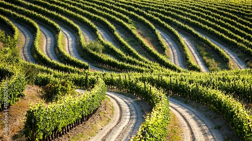 plastic irrigation tubing stretched across a sloped vineyard, tightly secured and running along grapevine base, clean rows extending to distance, soft midday shadows
