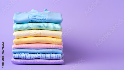 Stack of pastelcolored knitted sweaters on a light purple background