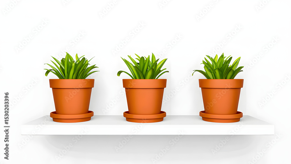 Fototapeta premium Three potted green plants in terracotta pots isolated on white background