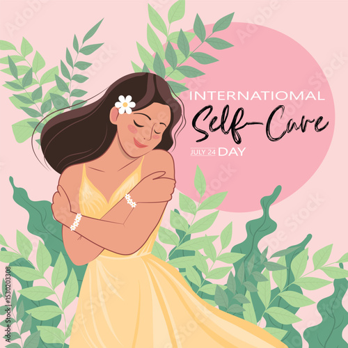 International Self-Care Day illustration with woman embracing herself in yellow dress surrounded by leaves and pink background.