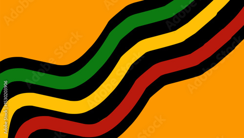 Wavy abstract design featuring Pan-African flag colors—red, yellow, green, and black—on a vibrant orange background. Symbolic of African pride, unity, and cultural heritage. Jeneteenth freedom day.