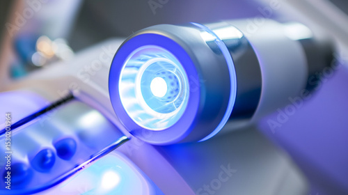Close-up of UV light device emitting blue glow on clear skin, dermatology treatment for acne or skin disinfection, medical technology and skincare concept.
﻿