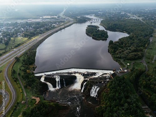Aerial view of waterfall of river Chaudiere, Quebec city, Quebec, Canada