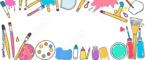 Whimsical hand-drawn vector doodles of paintbrushes, palettes, tubes of paint, and art supplies,  vector,  art materials