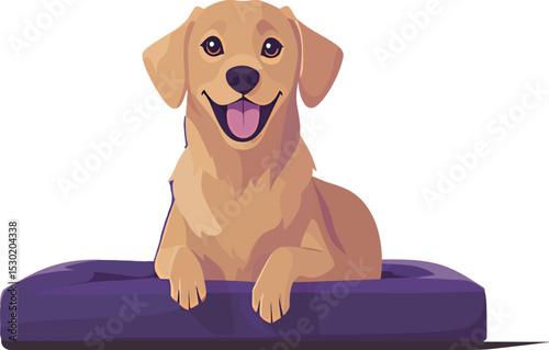 A cheerful golden retriever resting on a cozy dog bed, radiating happiness.