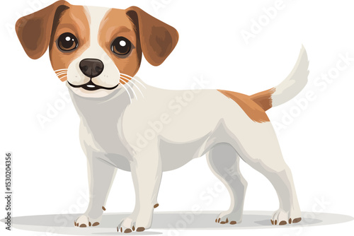 A cheerful cartoon dog with a brown and white coat, standing playfully.