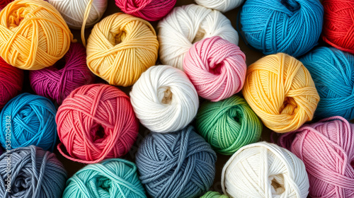 Background of multi-colored skeins of cotton yarn.  Materials for knitting, balls of yarn, needlework, handmade work concept