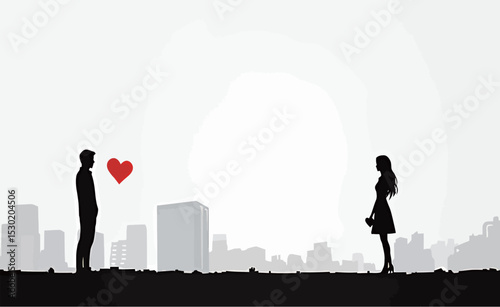 Silhouette of a man and woman in love against a city skyline.