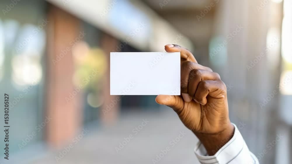 Hand holding blank white card outdoors for mockup and message placement against blurred background Hand holding blank white card outdoors for mockup and message placement against blurred background