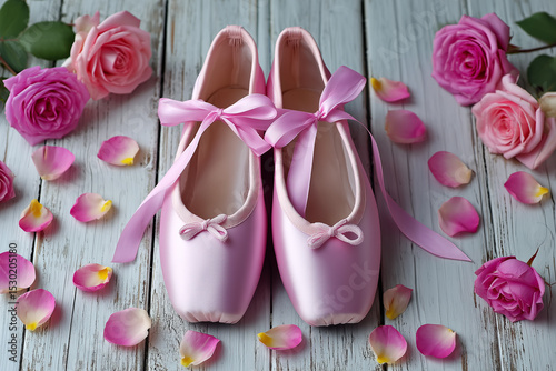 Pink Ballet Shoe With Rose and Petal on Wood Surface Still Life