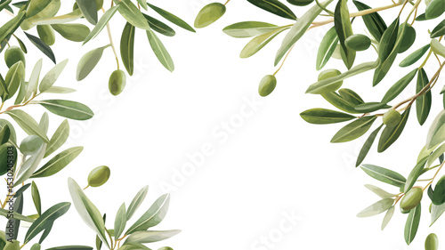 Elegant olive branch frame with green olives on a white background.