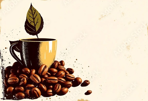 Grunge coffee cup, bean, and leaf halftone vector design elements in distressed textures,  coffee art,  graphic