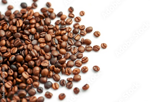 Close-up of scattered coffee beans on a pristine white background,  isolated,  design
