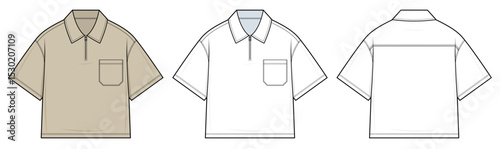 Classic Polo Shirt Technical Fashion Illustration. Short-Sleeve Polo with Zip Placket and Chest Pocket vector template. Front and Back Views. Neutral Color Palette. CAD Mockup Set.