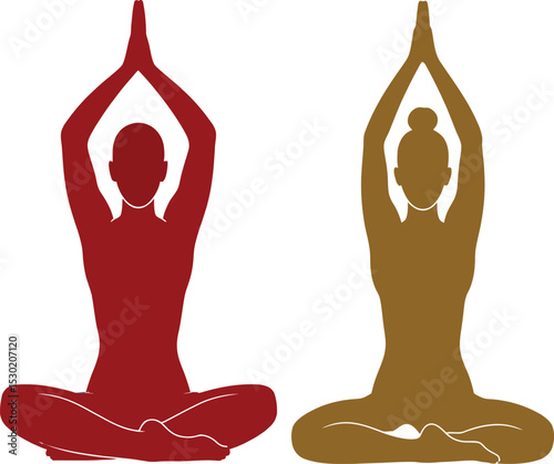 Two silhouettes in lotus position with hands raised in prayer pose on a white background image art