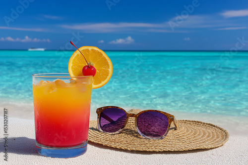 Tropical Drink on Beach with Sunglasses and Straw Hat Summer Vacation