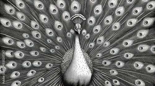Monochromatic Majesty: A Peacock's Dramatic Feather Display in Graphite