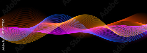 Smooth neon sound wave on black background. Abstract flowing wavy lines design for ai concept, eq equalizer, audio record, voice assistant. Blue pink orange gradient curve stripe wallpaper. Vector