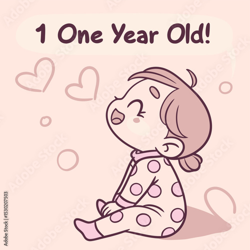 First Birthday Celebration: A charming illustration captures the milestone of a one-year-old, celebrating their first year with hearts and playful details.