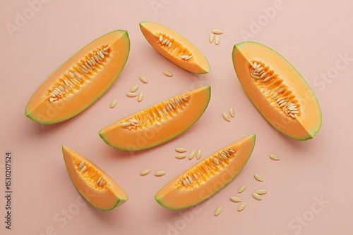wallpaper, aesthetic top view photo of fresh melon or cantalope isolated on pink background, cantaloupe slices and seeds on a pink background
