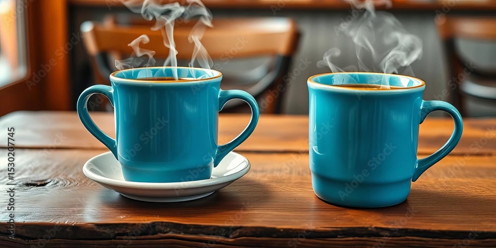 Fototapeta premium Two steaming blue mugs of coffee on rustic wooden cafe table, two, cafe table