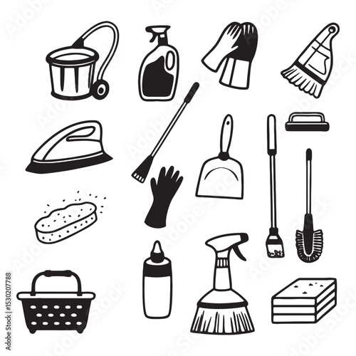 Vector set of cleaning tools icons and gardening equipment silhouettes