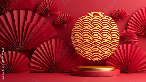 Elegant Red and Gold Festive Design, Chinese New Year Decorations, Paper Fans, and Auspicious Symbols