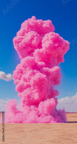 Vibrant pop art style with a burst of bright pink sand clouds in the desert under a clear blue sky, centered composition, minimal design, and bold contrasts.