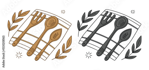 Hand drawn illustration of kitchen utensils and decorative elements arranged on a white background with minimal styling.