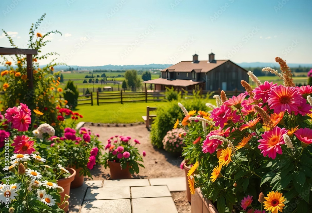 Fototapeta premium Sun-drenched kitchen garden, vibrant blooms, farmhouse backdrop, expansive horizon, sunny, view