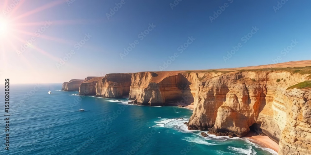 Fototapeta premium Sun-drenched cliffs meet azure sea; dramatic coastal scene, aerial view, nature