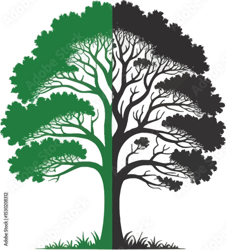 A stylized tree split vertically with green foliage on one side and black silhouette on the other