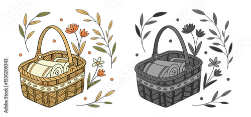 Hand-drawn illustration depicts a wicker basket filled with blankets surrounded by delicate floral elements in a beautiful design.