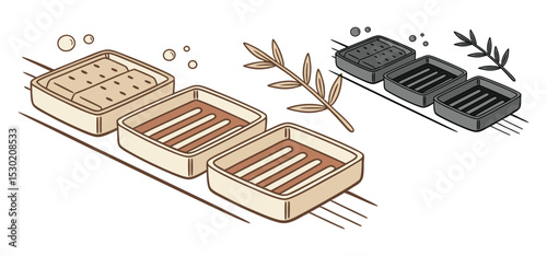 Illustrated arrangement of minimalist spa soap dishes with sprigs of foliage perfect for beauty and wellness visuals.