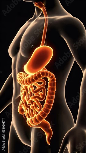 3D Anatomy of the Human Digestive System Glowing on Black