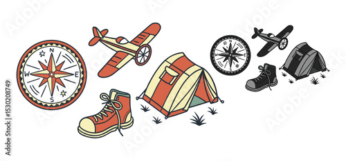Illustrated vector graphic of camping equipment including tent compass plane and hiking boot elements on a white background