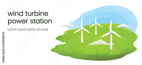 watercolor illustration of a green meadow with wind turbine. Clean energy, eco-friendly landscape concept. Perfect for sustainability, renewable energy, and environmental themes.