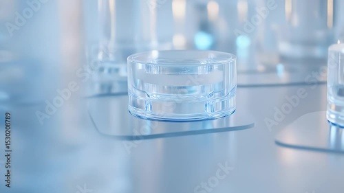 Clear Glass Cosmetic Containers on a White Surface with Soft Lighting Clean Product Display Minimalist Design Elegant Presentation on Seamless Background