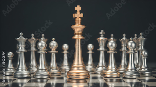 King golden chess standing confront of the silver chess team to challenge concepts of leadership