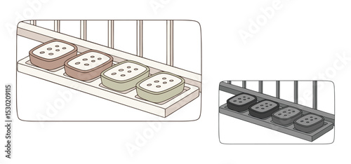 Illustration of colored soap bars displayed on a rack with a simplistic illustrative style and minimalist design for various uses.