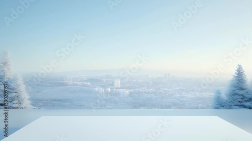 Winter Scene with Snowy Trees and a Square Platform Overlooking a Distant City in Soft Natural Light for Holiday Mockups