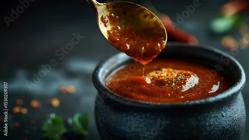 Rustic Still Life of Chili Sauce Pouring from Spoon into Black Pot with Dark Moody Lighting and Red Pepper and Herb Accents on Dark Background