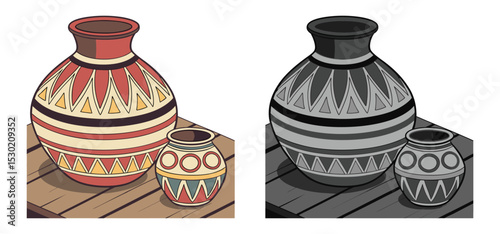 Illustration of two decorative tribal style ceramic pots placed on a wooden table in color and grayscale