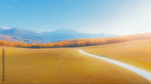 Scenic Autumn Landscape With Winding Road Through Golden Meadow Against Mountain Range Under Clear Blue Sky During Daytime
