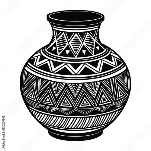 Intricate black and white illustration of an earthenware vase adorned with geometric tribal patterns for design elements.