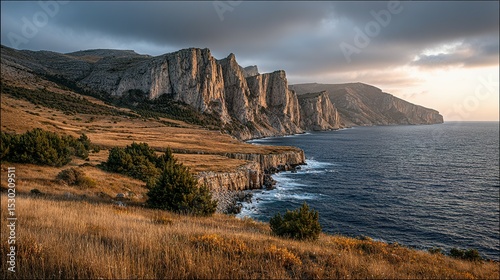 Rocky coastline at sunrise with dramatic cliffs.