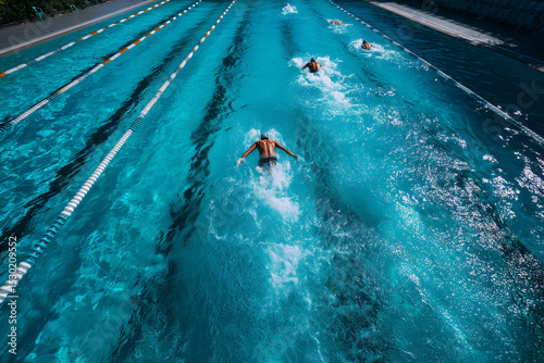 Swimmer in Outdoor Pool Aerial View Training for Competition Exercise